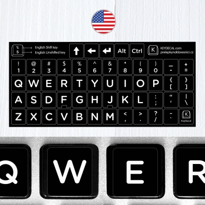 English BIG Letters Keyboard Stickers (US extended) on Black Background