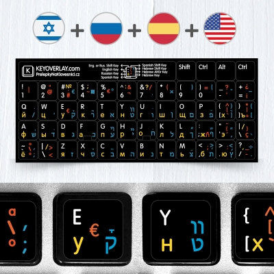 Hebrew + Russian + Spanish & English Stickers for Black Keyboard