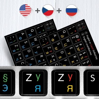 Russian, Czech, English alphabets keyboard stickers – 3 in 1 on black background