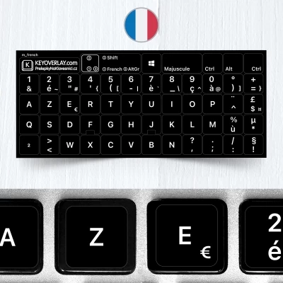 French (AZERTY) Keyboard Stickers – White Letters on Black Background