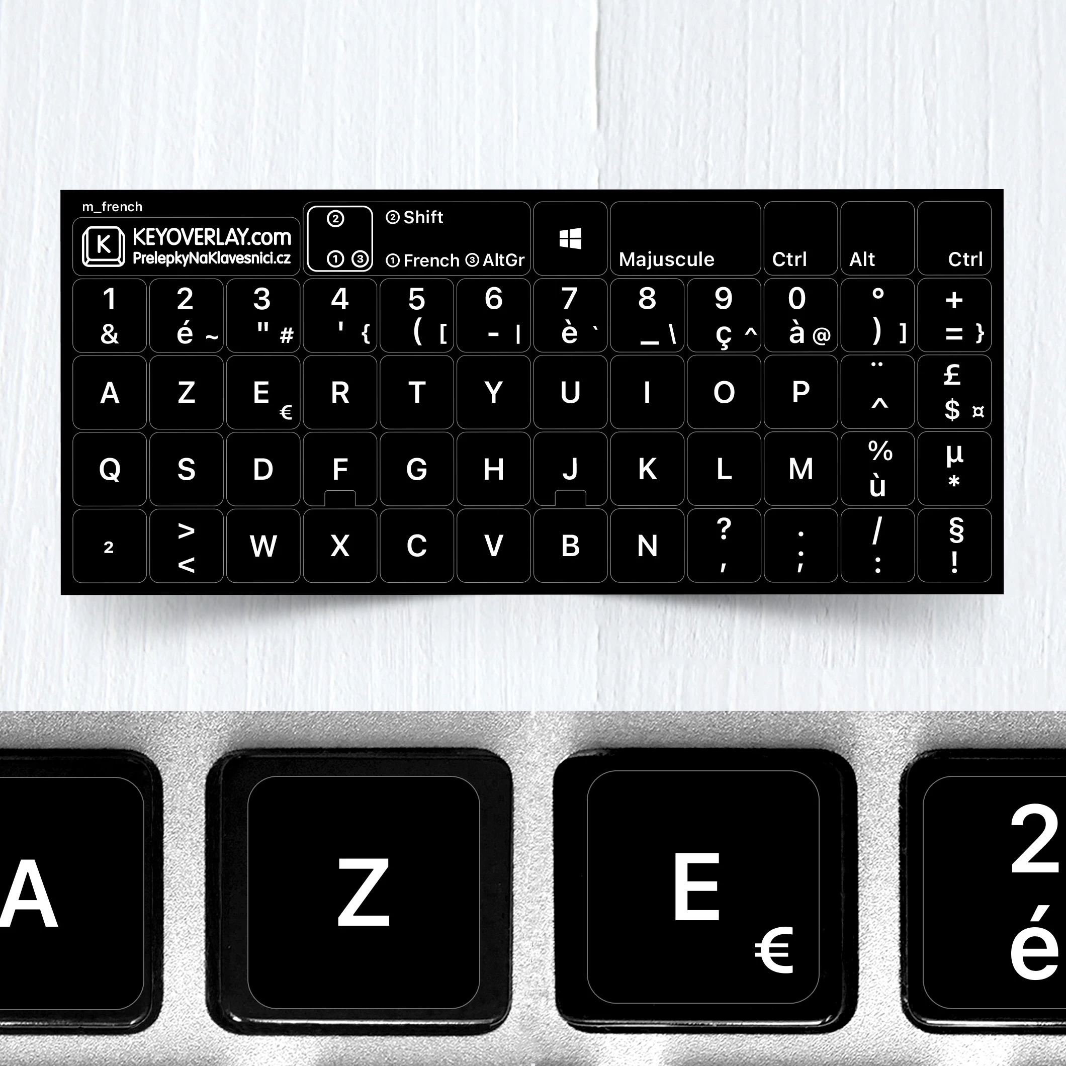 French (AZERTY) Keyboard Stickers – White Letters on Black Background