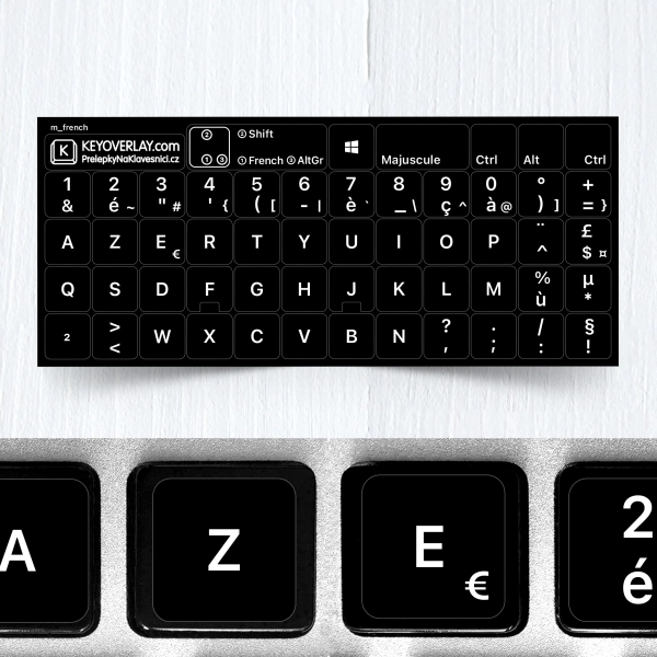 French (AZERTY) Keyboard Stickers – White Letters on Black Background