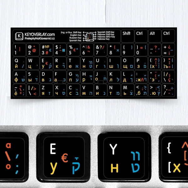 Hebrew + Russian + Spanish & English Stickers for Black Keyboard