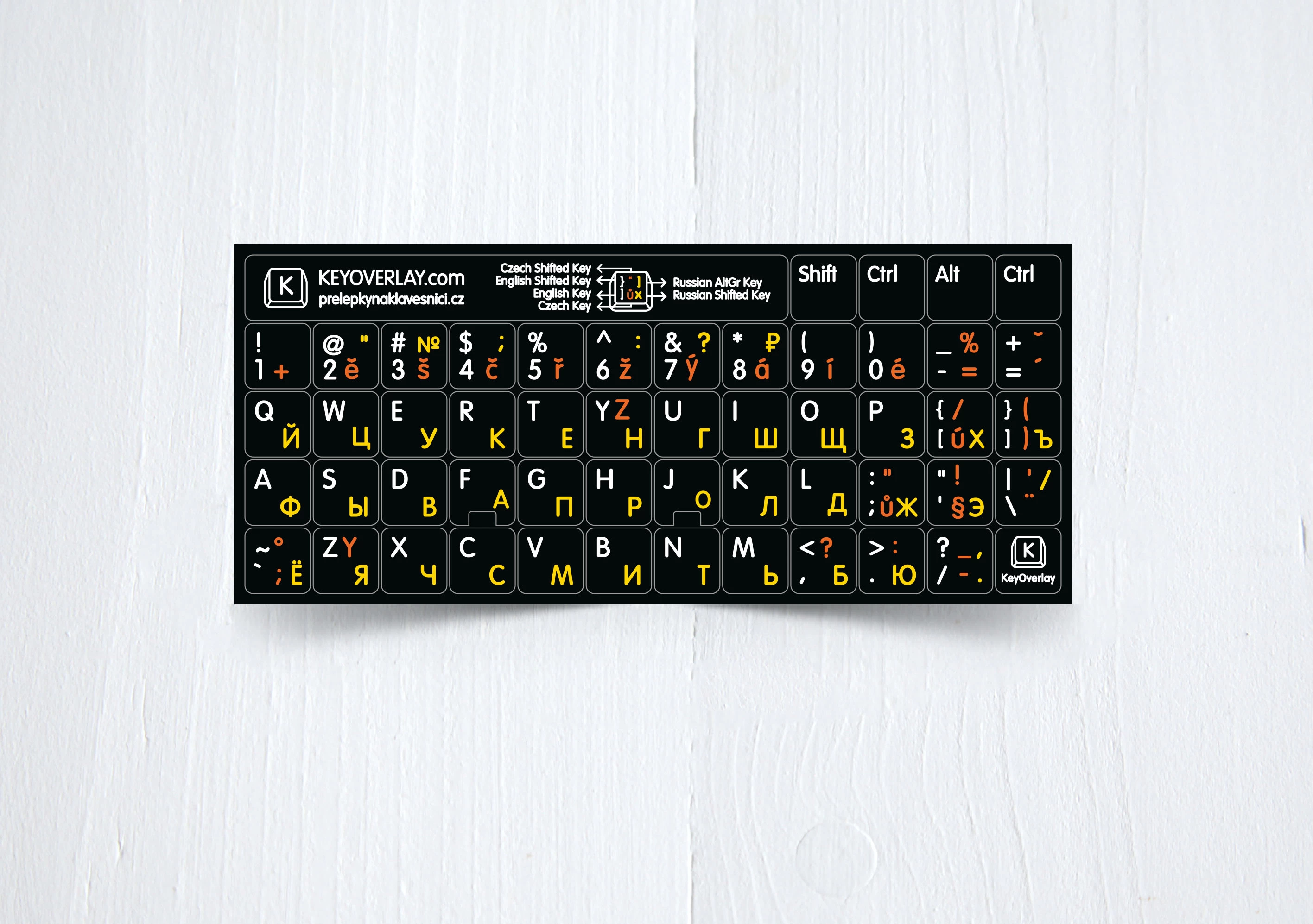 Russian, Czech, English alphabets keyboard stickers – 3 in 1 on black background