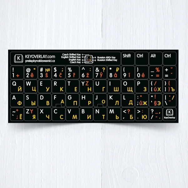 Russian, Czech, English alphabets keyboard stickers – 3 in 1 on black background