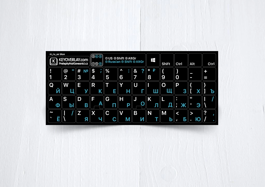 Russian, English non transparent keyboard stickers on black background – 2 in 1