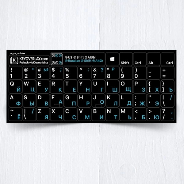 Russian, English non transparent keyboard stickers on black background – 2 in 1