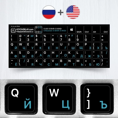 Russian, English non transparent keyboard stickers on black background – 2 in 1