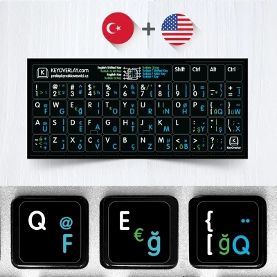 Turkish F + Q and English Non Transparent Stickers for Black Keyboard