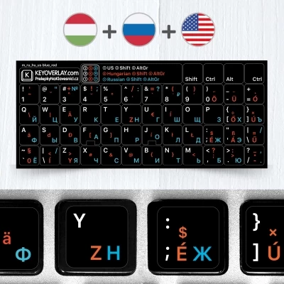 Hungarian, Russian, English keyboard stickers