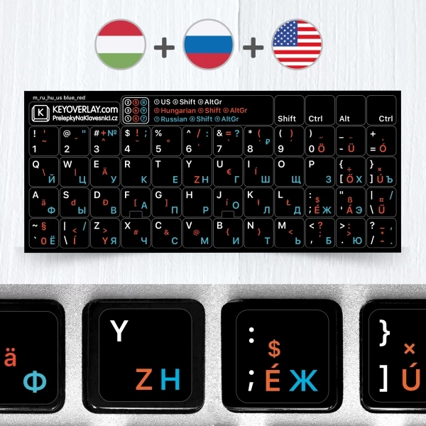 Hungarian, Russian, English keyboard stickers
