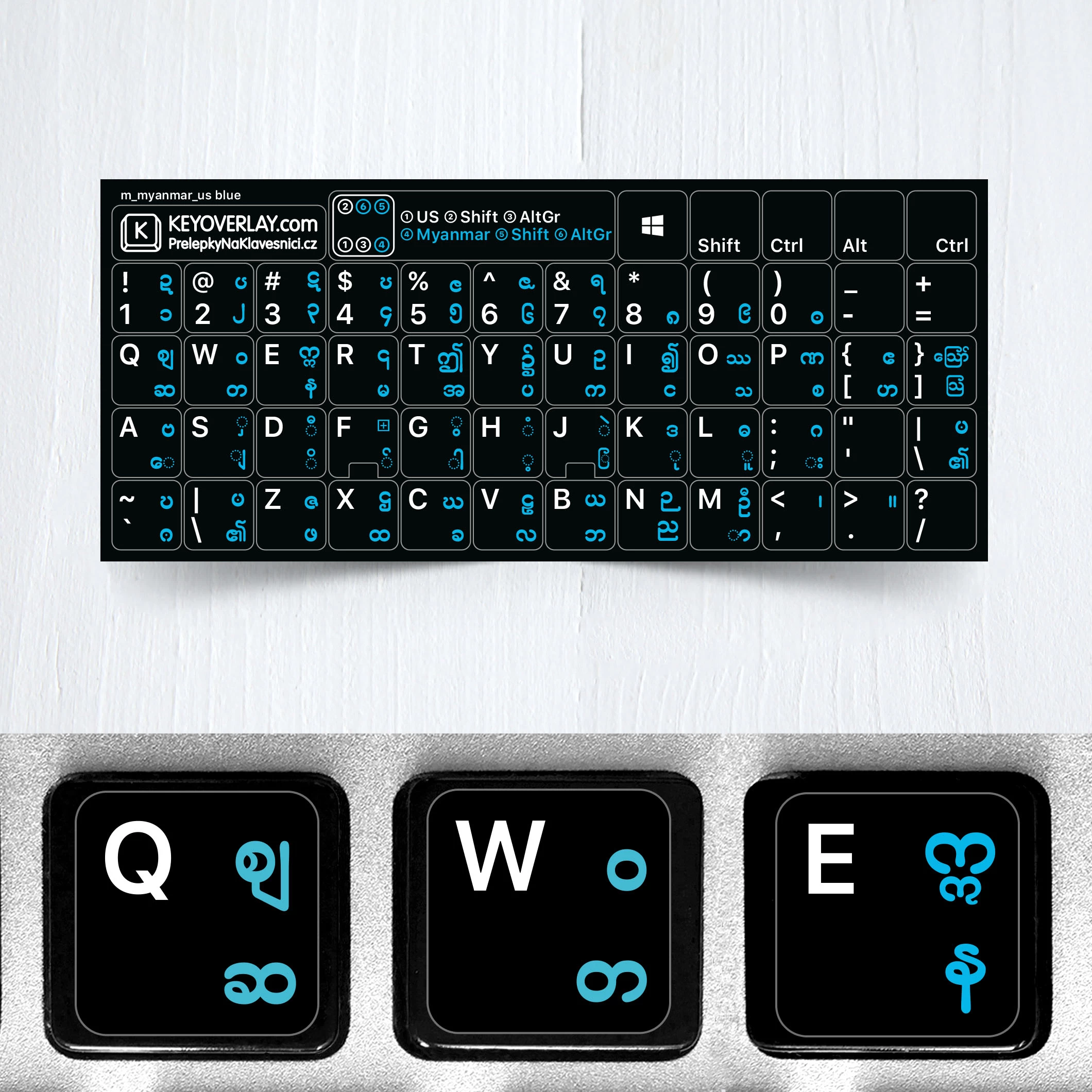 Myanmar (Burmese) & English non transparent keyboard stickers (extended version)