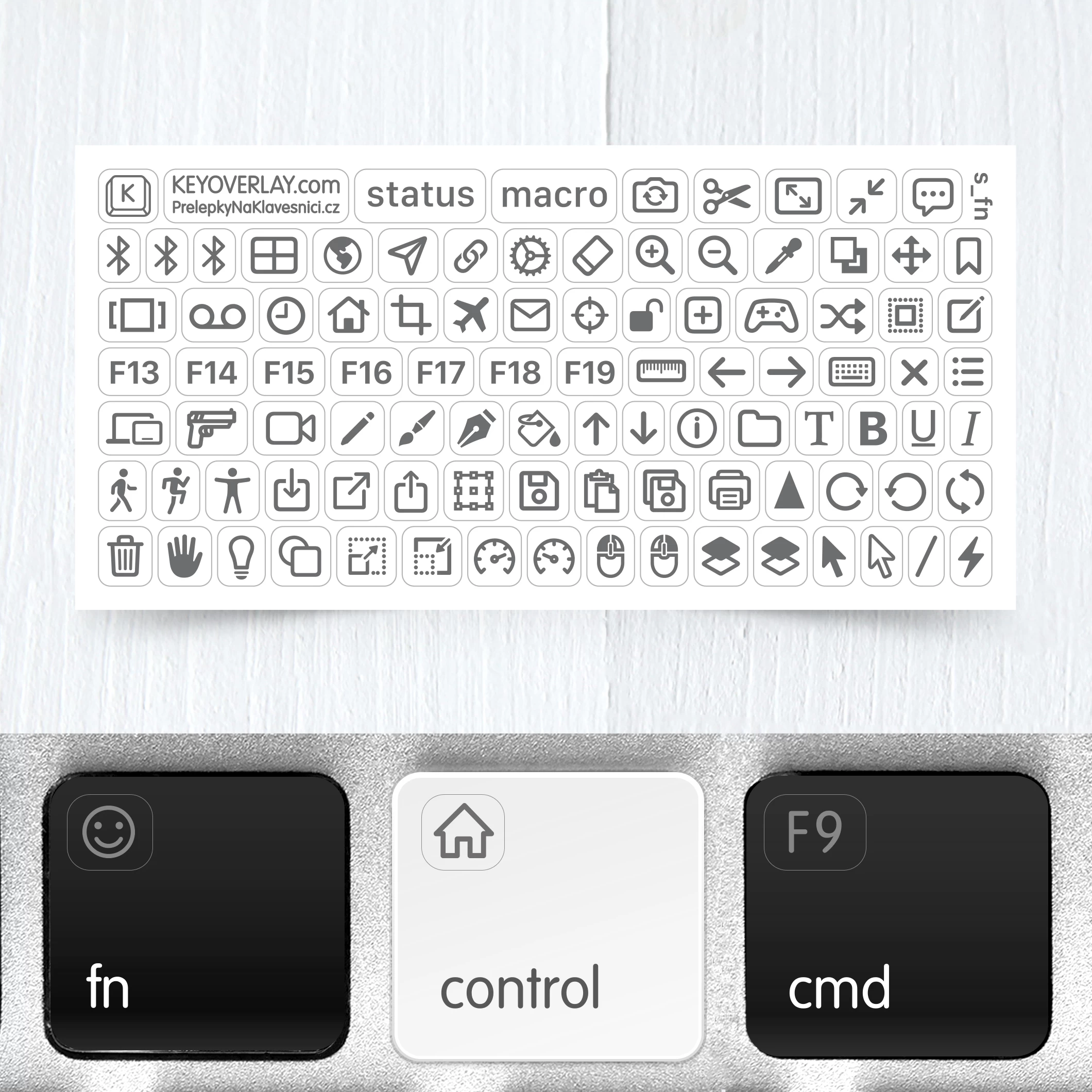 Icons for functions, editing, and gaming – mini transparent keyboard stickers, Vol.2