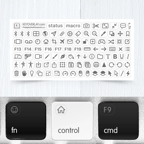 Icons for functions, editing, and gaming – mini transparent keyboard stickers, Vol.2