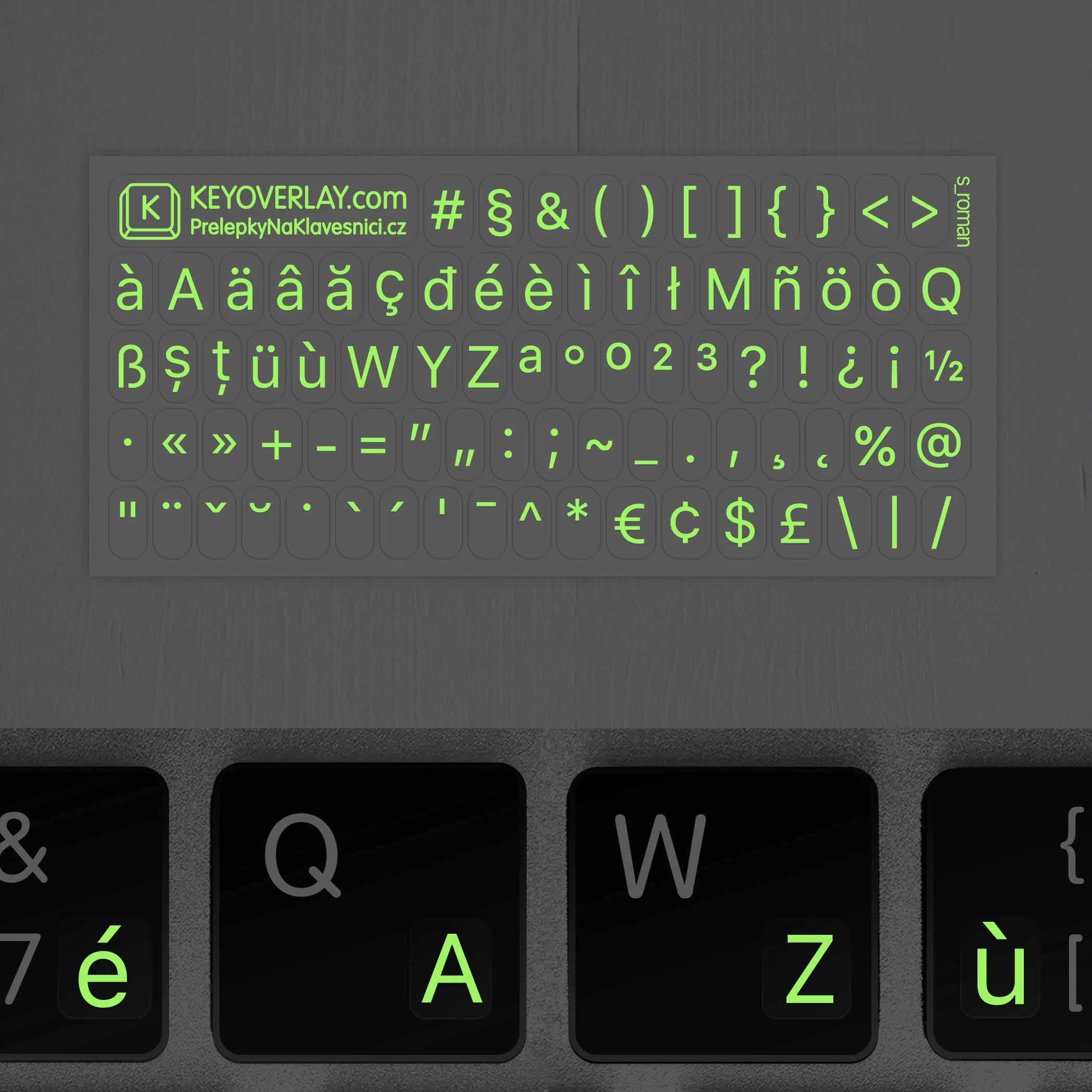 Glowing French Alphabet and Punctuation Symbols with Fluorescent Effect for Dark Keyboard