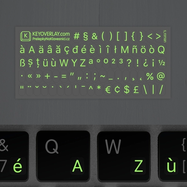 Glowing French Alphabet and Punctuation Symbols with Fluorescent Effect for Dark Keyboard