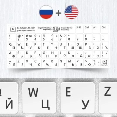 Russian, English non transparent keyboard stickers on white background